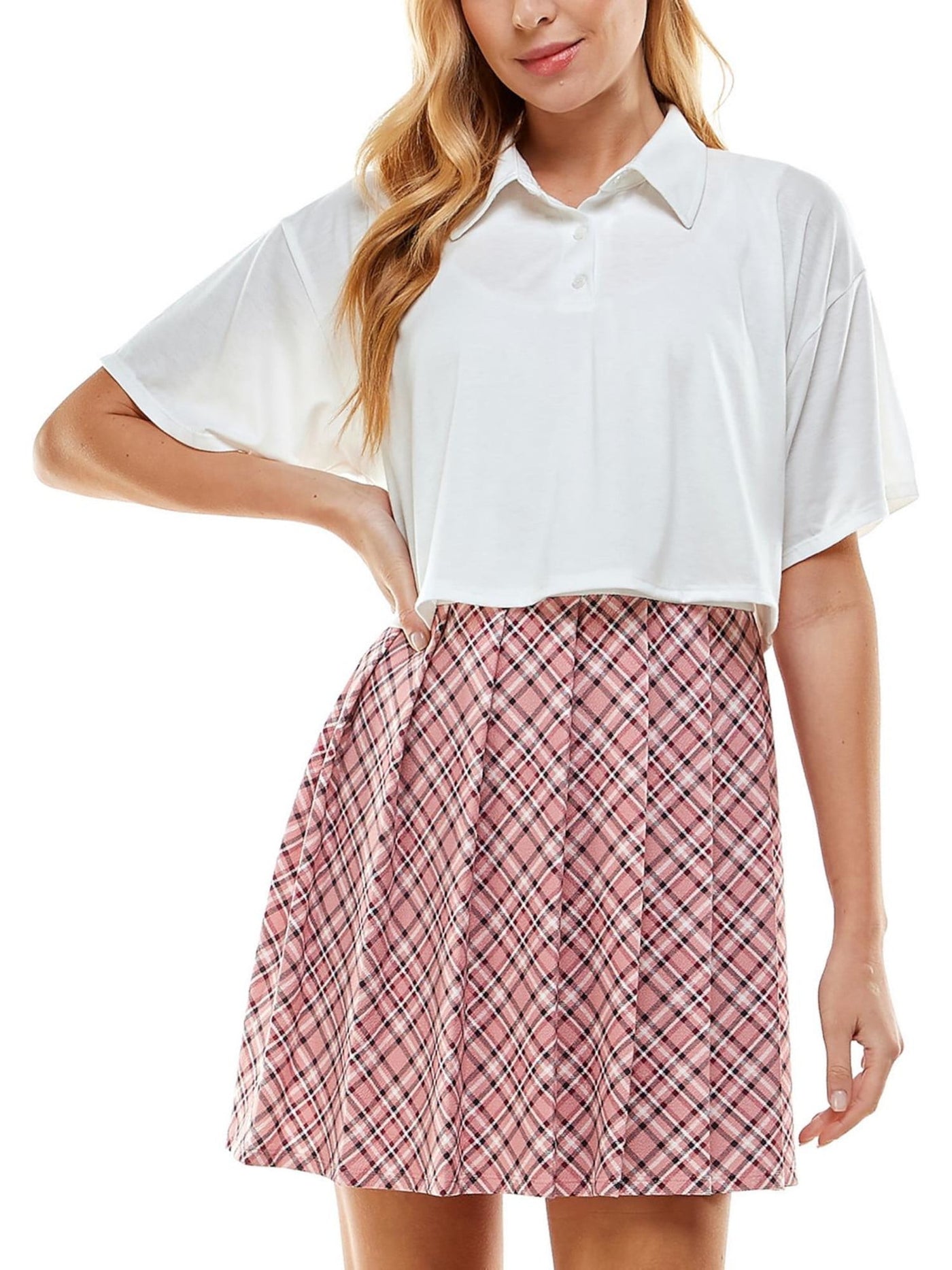 KINGSTON GREY Womens Pink Pleated Darted Collared Short Sleeve Color Block  Short Fit + Flare Dress XXL