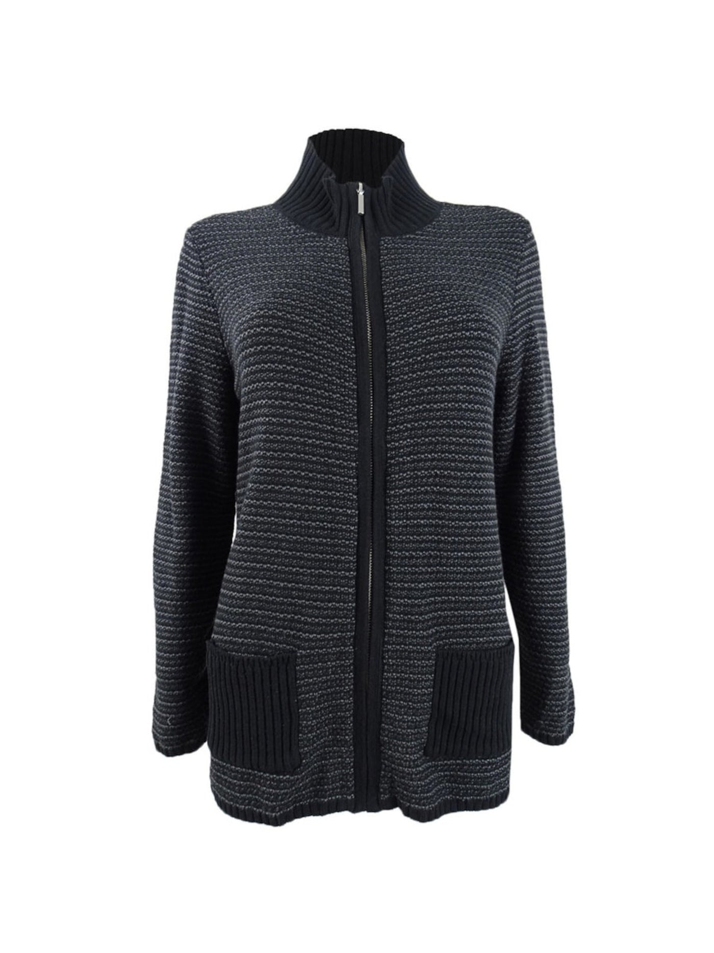 KAREN SCOTT Womens Black Textured Pocketed Zip-front Cardigan Striped Long Sleeve Mock Neck Sweater XS