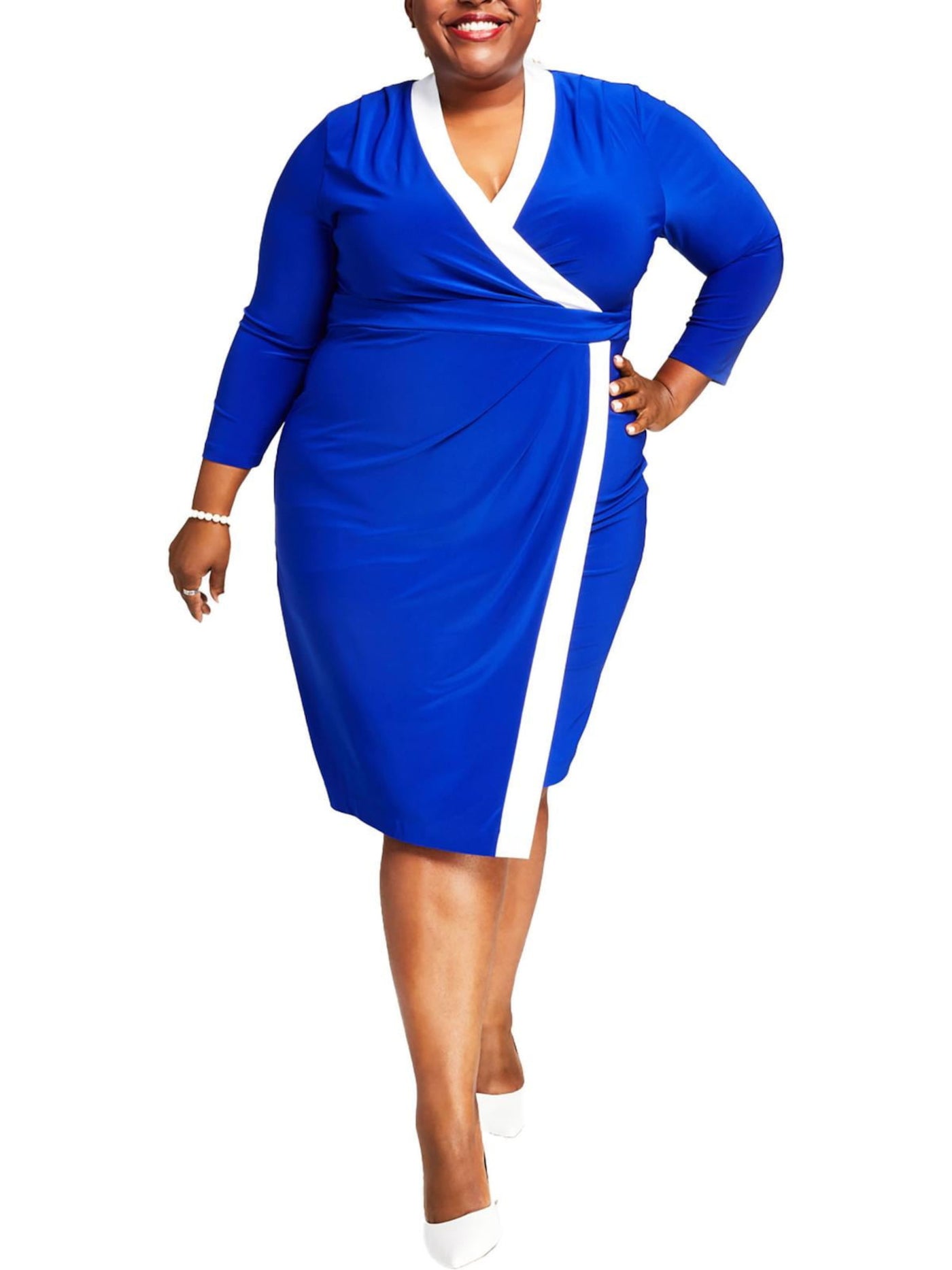 KASPER DRESS Womens Blue Zippered Color Block 3/4 Sleeve Surplice Neckline Knee Length Party Faux Wrap Dress S