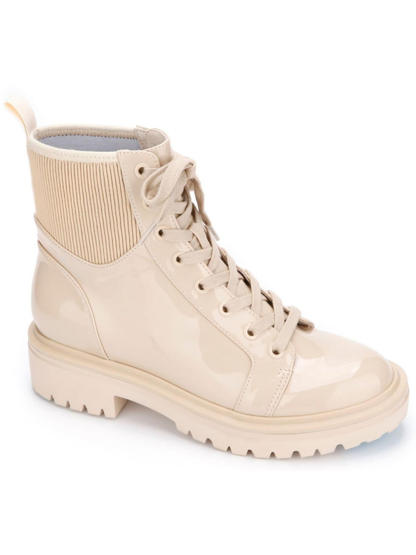 KENNETH COLE NEW YORK Womens Beige 1 Platform Pull Tab Lug Sole Stretch Rhode Round Toe Block Heel Lace-Up Leather Combat Boots 8 M