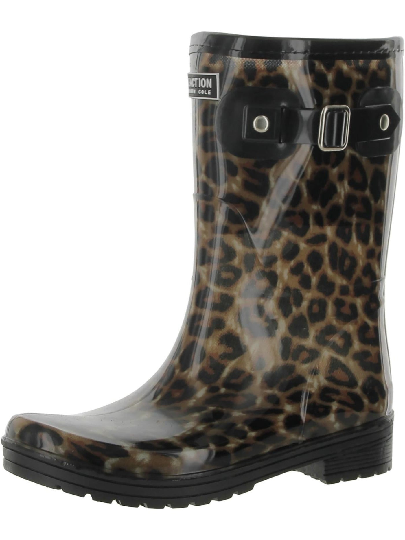 REACTION KENNETH COLE Womens Brown Animal Print Buckle Accent Padded Water Resistant Lug Sole Rain Buckle Round Toe Block Heel Rain Boots 10 M