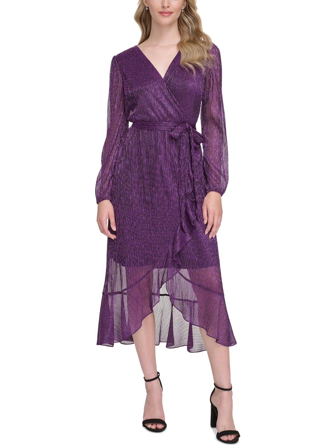 KENSIE DRESSES Womens Purple Belted Zippered Ruffled Hi-lo Hem Blouson Sleeve Surplice Neckline Midi Party Faux Wrap Dress 6