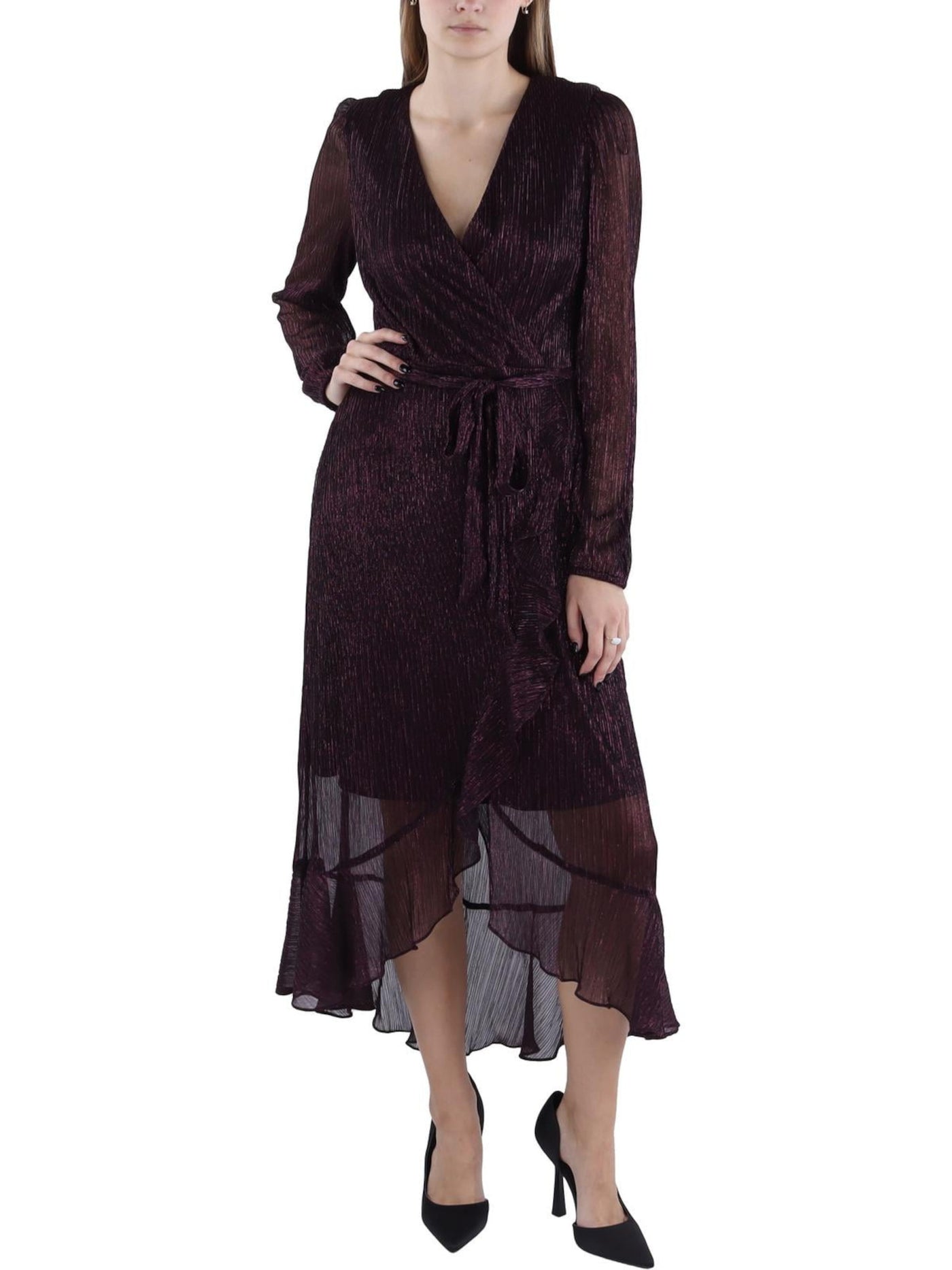 KENSIE DRESSES Womens Burgundy Belted Zippered Ruffled Hi-lo Hem Blouson Sleeve Surplice Neckline Midi Party Faux Wrap Dress 4