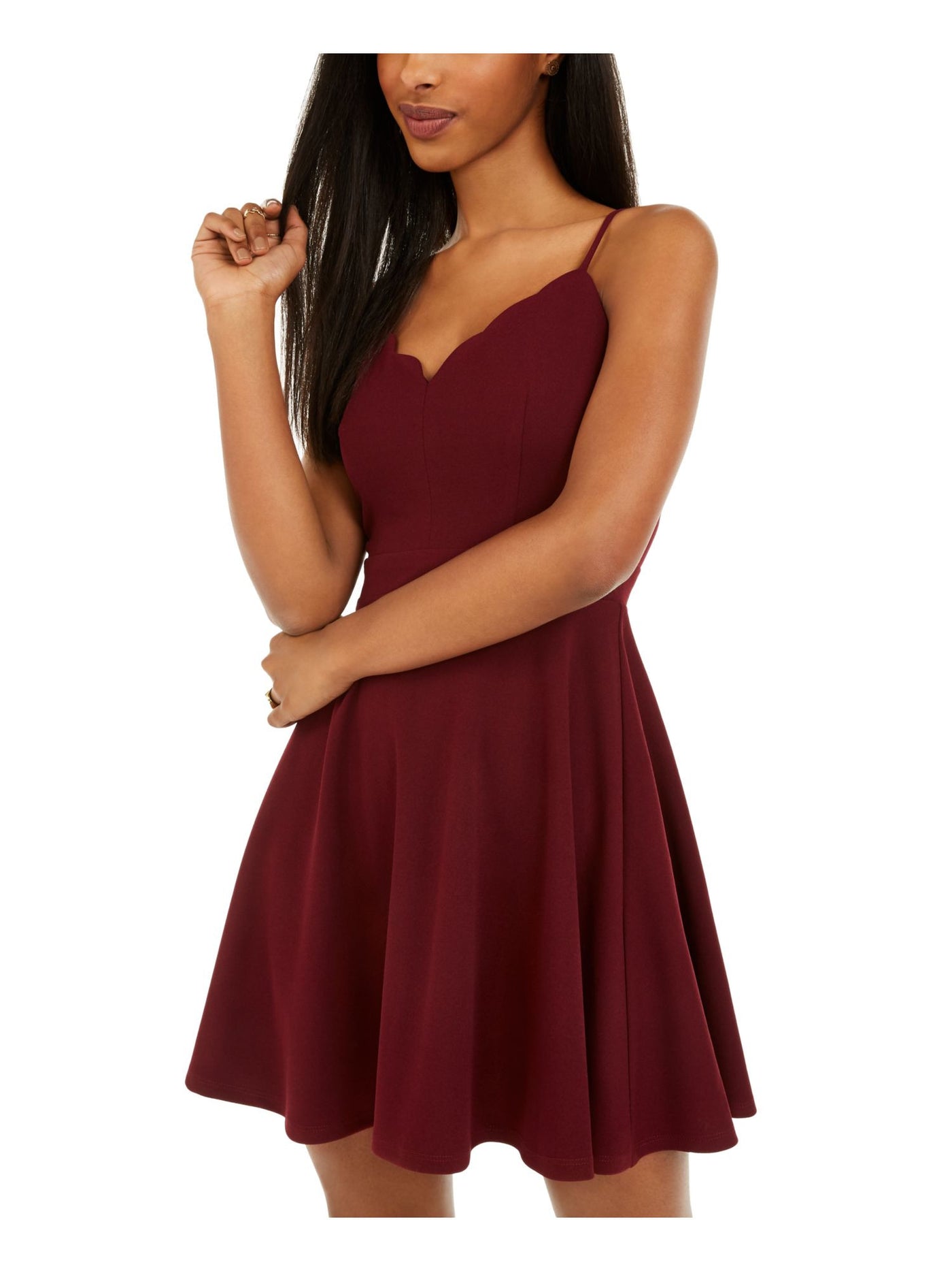 B DARLIN Womens Burgundy Stretch Zippered Scalloped Adjustable Straps Spaghetti Strap V Neck Mini Party Fit + Flare Dress 11\12