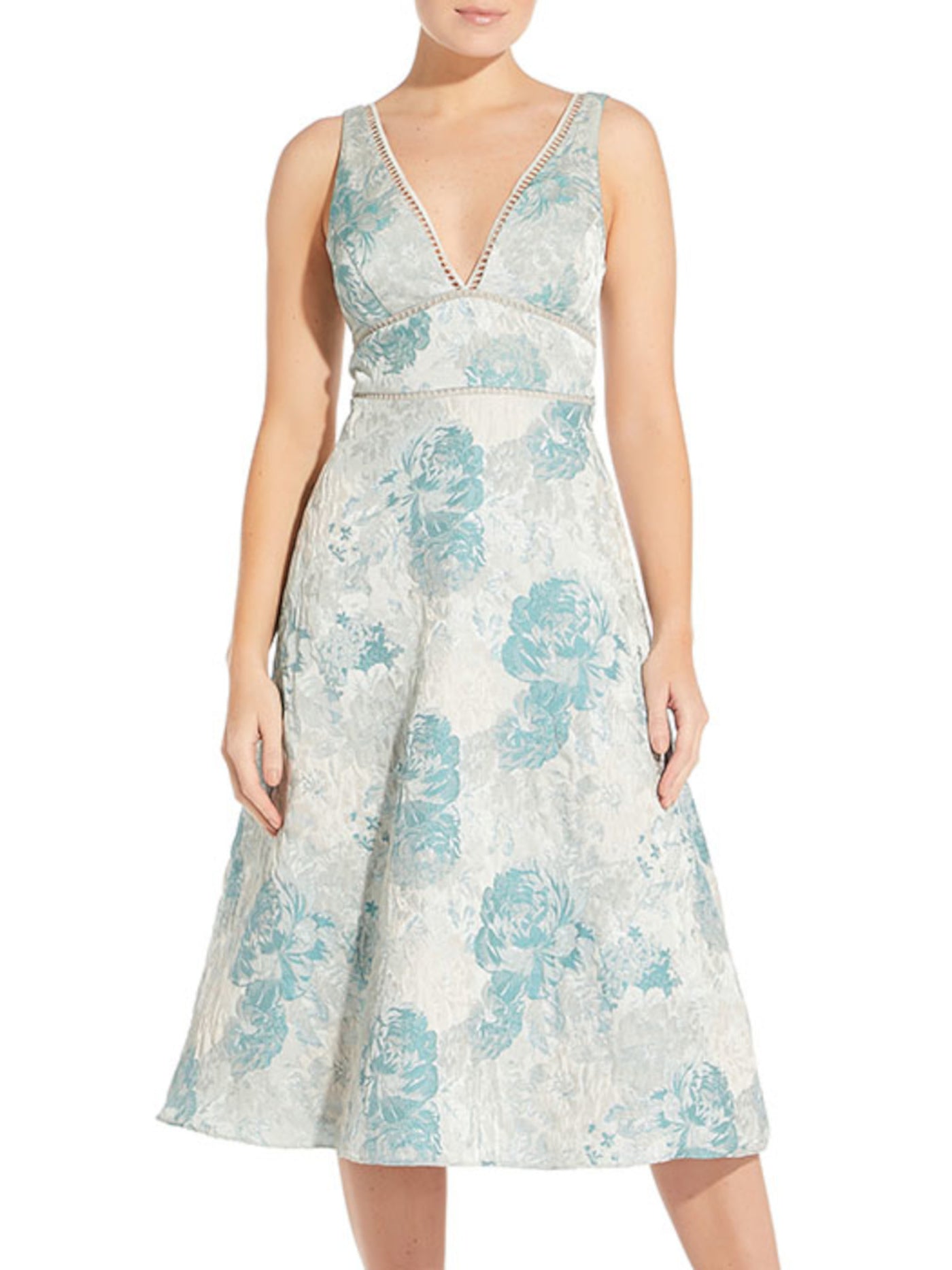 AIDAN MATTOX Womens Aqua Zippered Textured Lined Floral Sleeveless V Neck Midi Cocktail Fit + Flare Dress 12