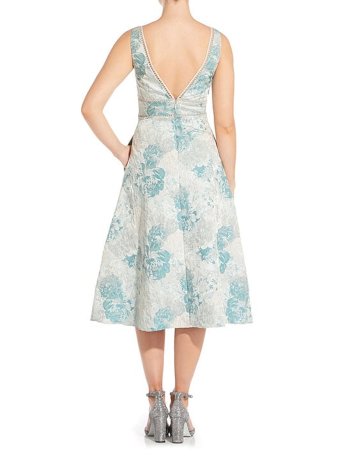 AIDAN MATTOX Womens Aqua Zippered Textured Lined Floral Sleeveless V Neck Midi Cocktail Fit + Flare Dress 12