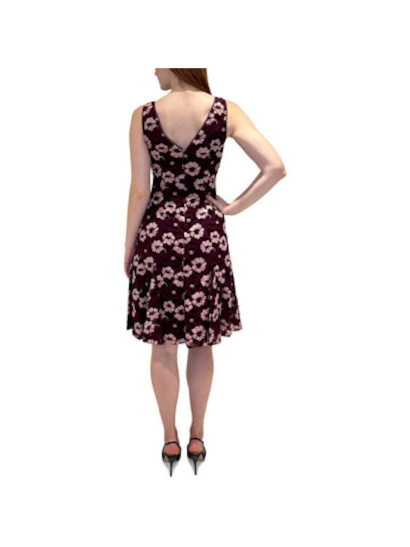 ADRIANNA PAPELL Womens Burgundy Lace Zippered Fitted Godets Lined Floral Sleeveless Jewel Neck Above The Knee Party Fit + Flare Dress 6