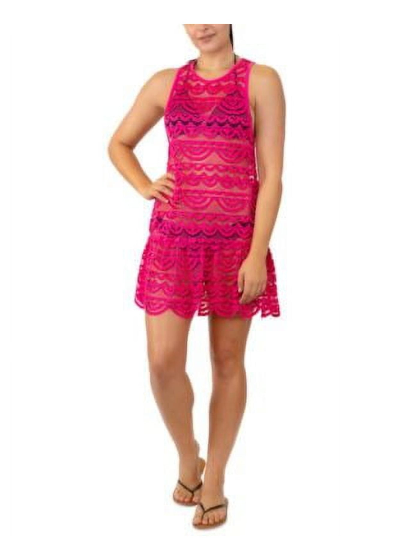 MIKEN Women's Pink Sheer Crochet Jewel Neck Racerback Scalloped Swim Swimsuit Cover Up M