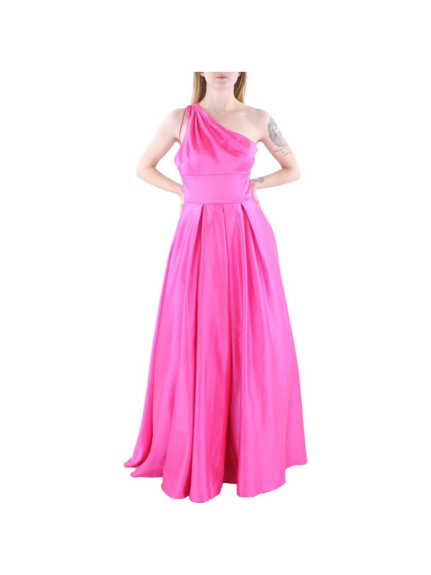 BLONDIE NITES Womens Pink Zippered Pocketed Pleated Lined Tulle Sleeveless Asymmetrical Neckline Full-Length Formal Gown Dress 3