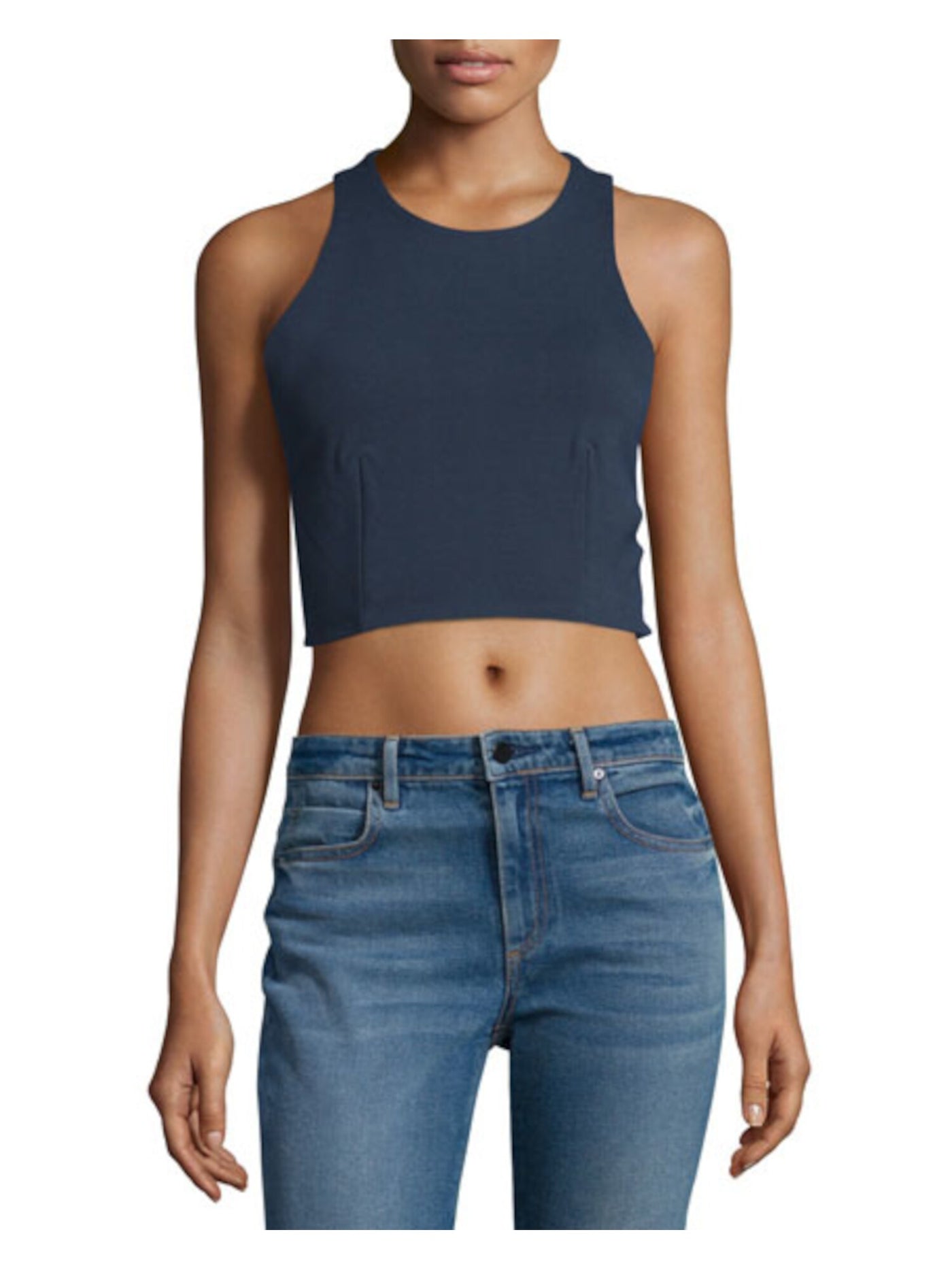 T ALEXANDER WANG Womens Navy Zippered Racerback Back Support Band Sleeveless Jewel Neck Crop Top L