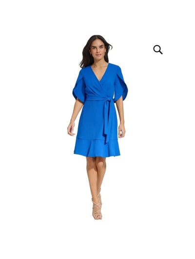 CITY STUDIO Womens Blue Zippered Pleated Lined Sleeveless V Neck Mini Party Fit + Flare Dress 5