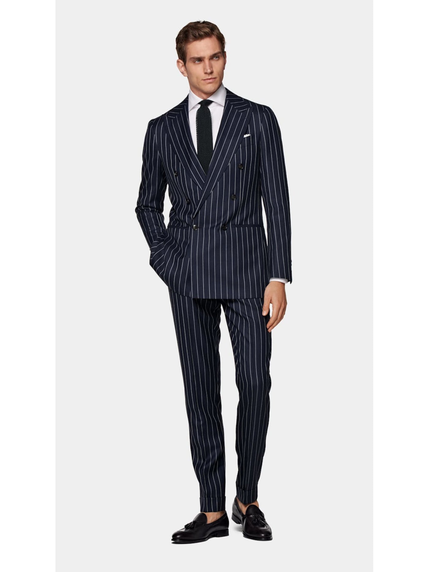 SUITSUPPLY Mens Navy Flat Front, Straight Leg Pinstripe Pants 44