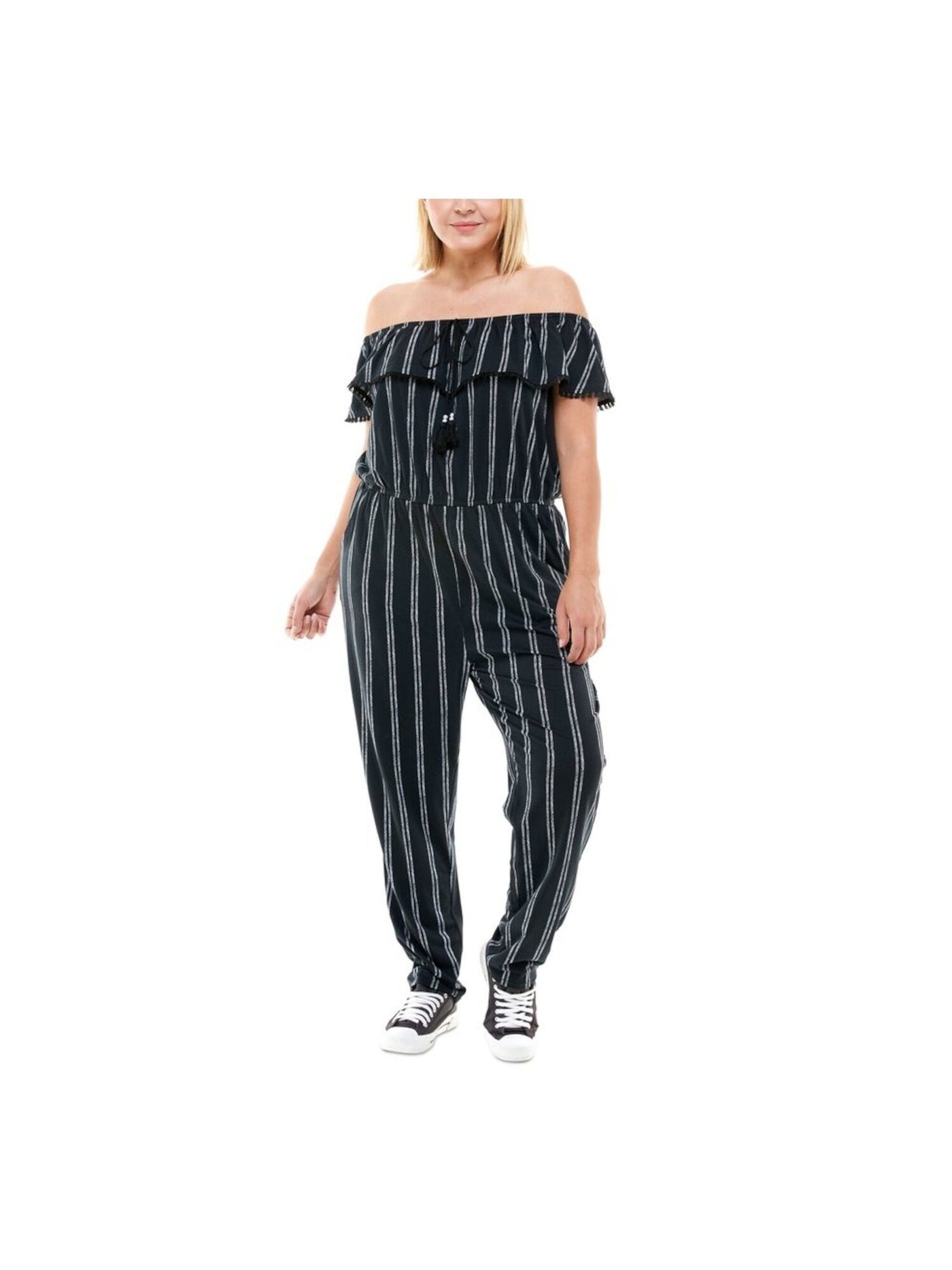 PLANET GOLD Womens Black Ruffled Tie Striped Off Shoulder Straight leg Jumpsuit S