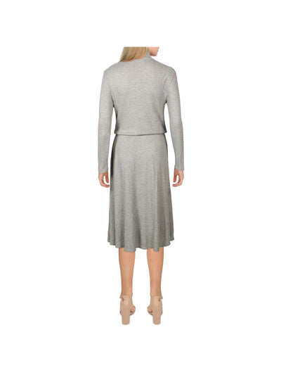 CALVIN KLEIN Womens Gray Stretch Ribbed Drawstring Waist Heather 3/4 Sleeve Mock Neck Below The Knee Wear To Work Sweater Dress 4