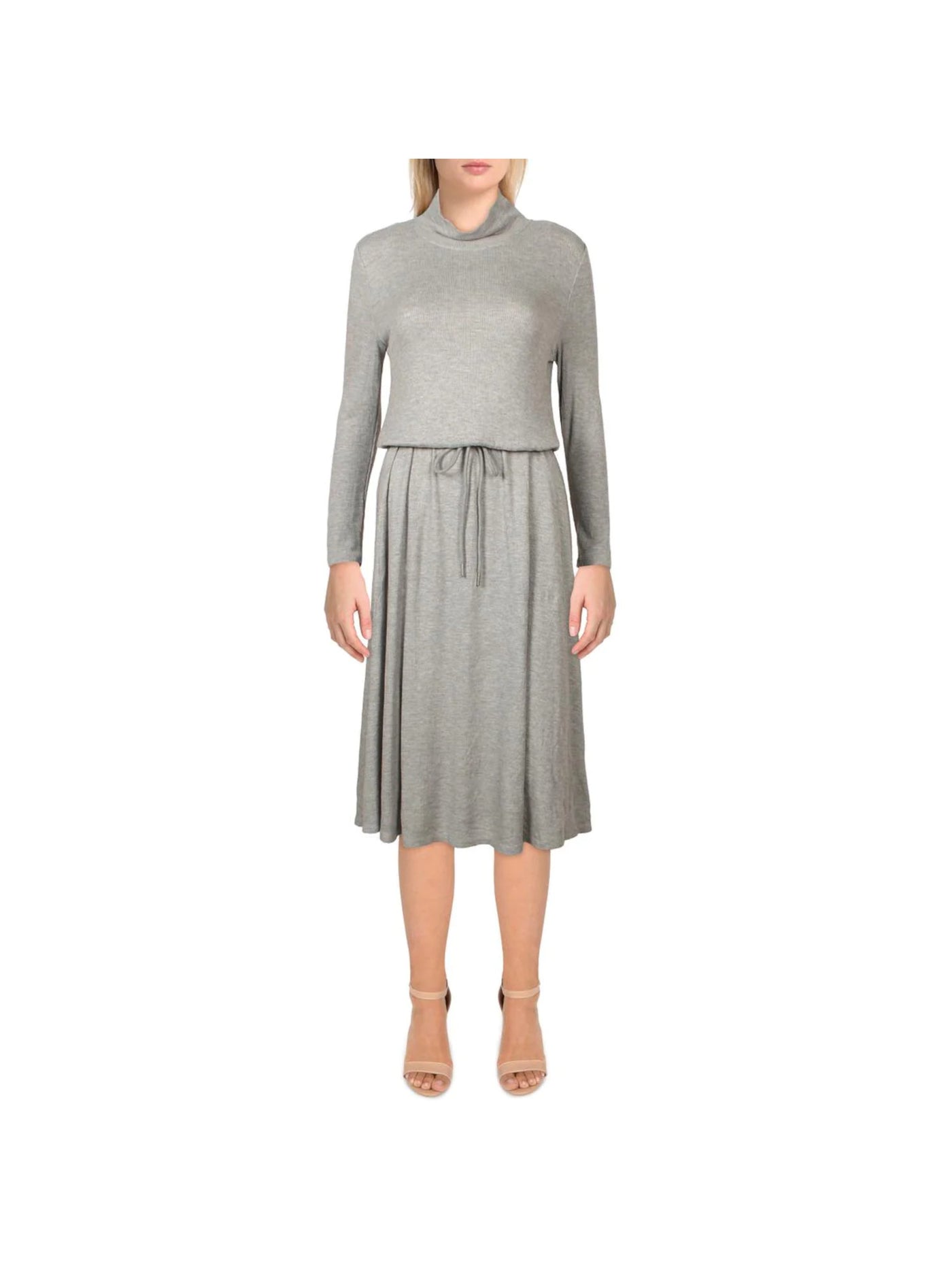 CALVIN KLEIN Womens Gray Stretch Ribbed Drawstring Waist Heather 3/4 Sleeve Mock Neck Below The Knee Wear To Work Sweater Dress 4