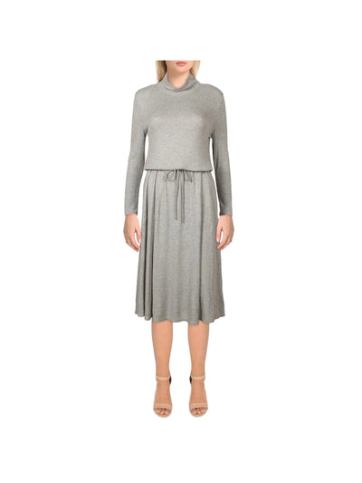 CALVIN KLEIN Womens Gray Stretch Ribbed Drawstring Waist Heather 3/4 Sleeve Mock Neck Below The Knee Wear To Work Sweater Dress 4