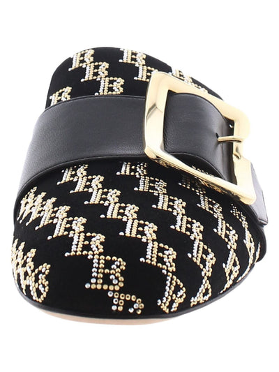 BALLY Womens Black Logo Buckle Accent Rhinestone Janesse Square Toe Block Heel Slip On Leather Mules