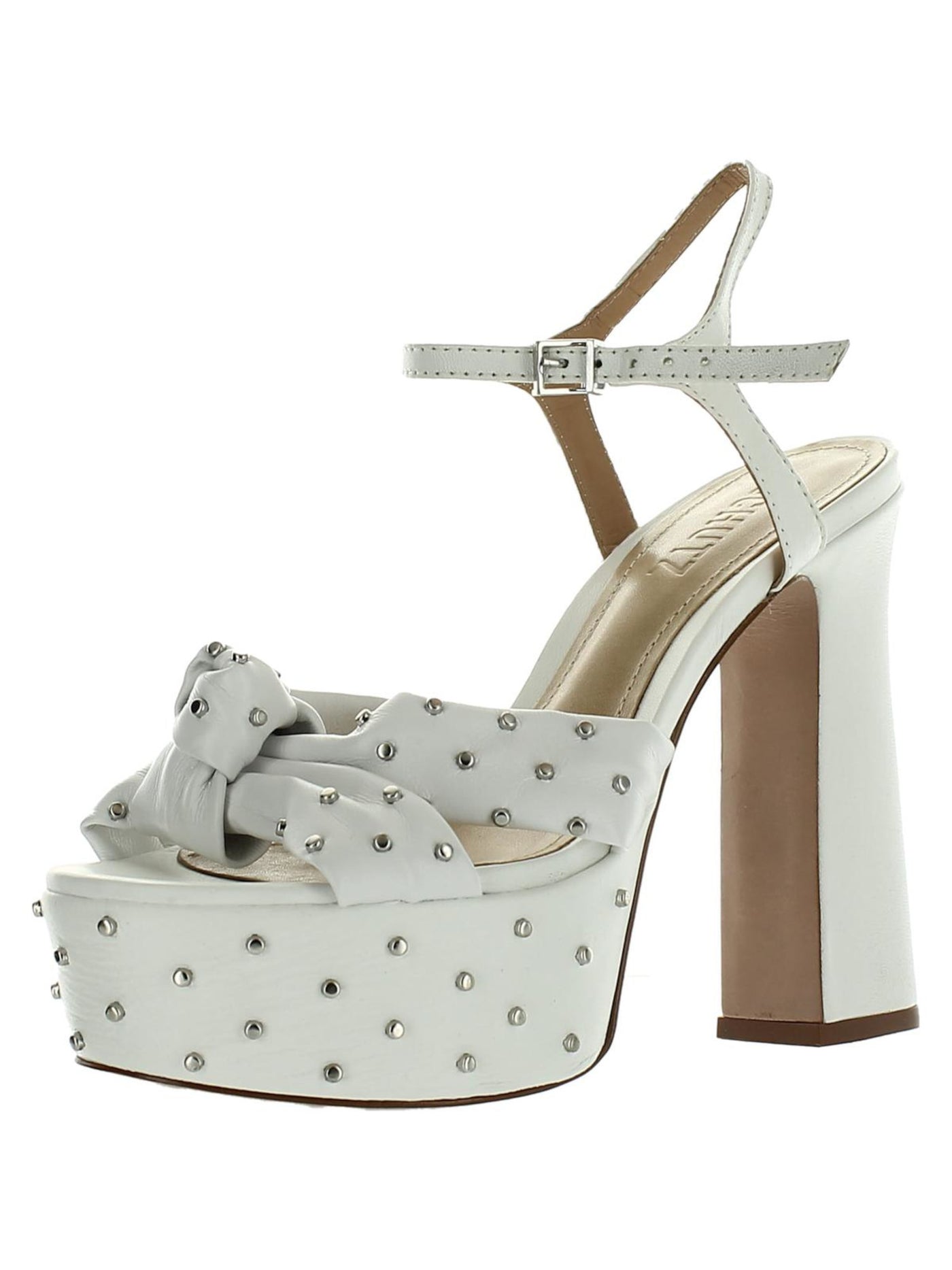 SCHUTZ Womens White 1-1/2" Platform Padded Knotted Ankle Strap Studded Bethina Almond Toe Block Heel Buckle Heeled Sandal 8.5 B