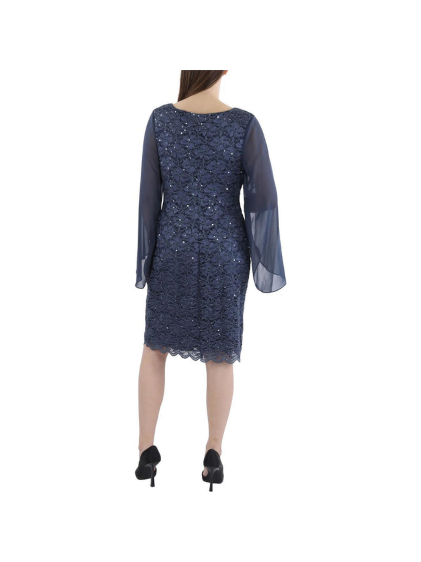 CONNECTED APPAREL Womens Gray Scalloped Lined Split Cape Sleeve Pullover Embel Round Neck Above The Knee Party Sheath Dress 4