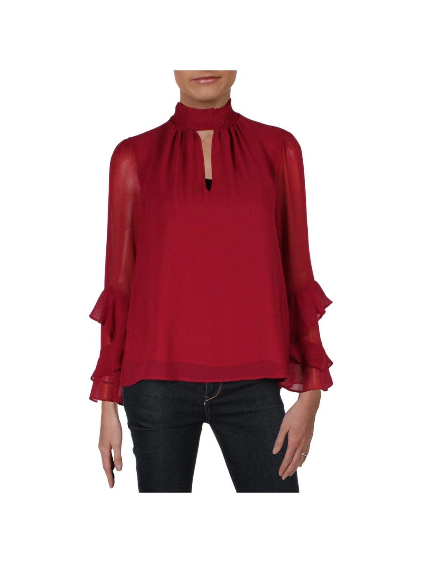 1. STATE Womens Sheer Long Sleeve Mock Neck Wear To Work Top