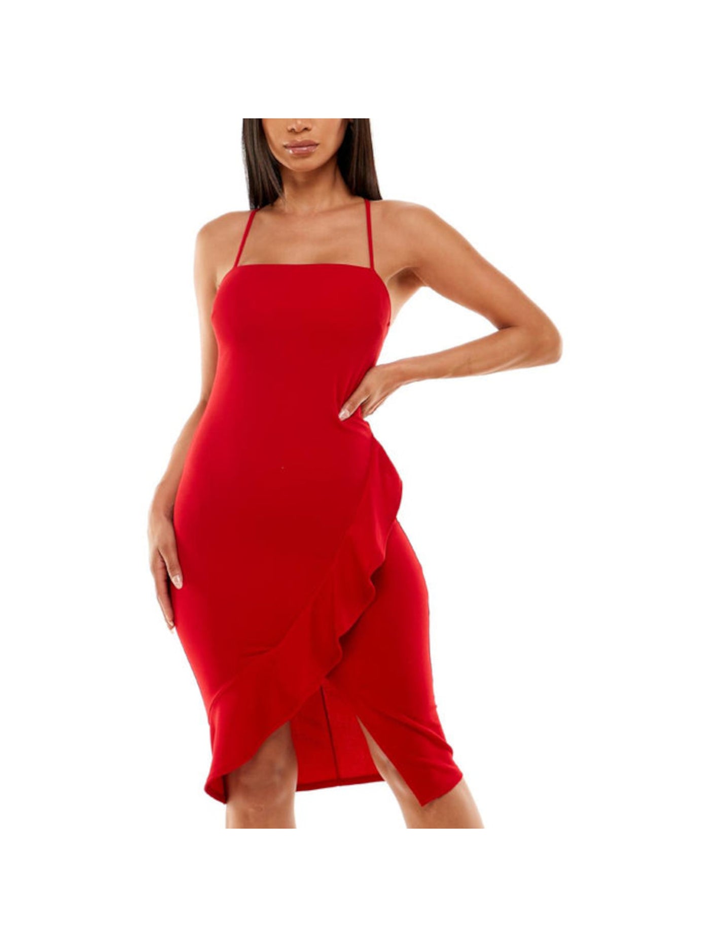 CRYSTAL DOLLS Womens Red Ruffled Slitted Strappy Scuba Crepe Spaghetti Strap Square Neck Knee Length Cocktail Sheath Dress 7