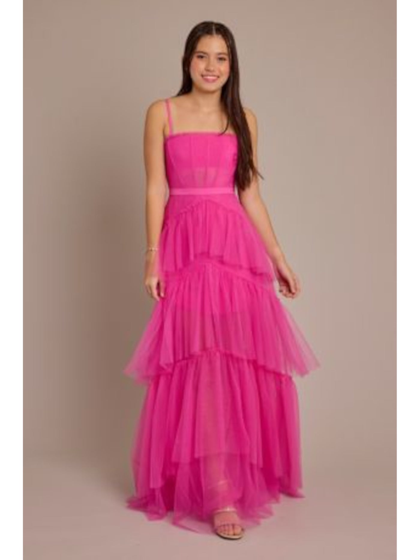 BETSY & ADAM Womens Pink Mesh Zippered Lined Corset-style Bodice Tiered Skirt Spaghetti Strap Square Neck Full-Length Prom Gown Dress 0