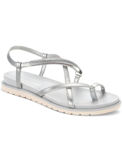 SUN STONE Womens Silver Metallic Toe Loop Adjustable Strappy Comfort Juune Round Toe Gladiator Sandals Shoes 8 M