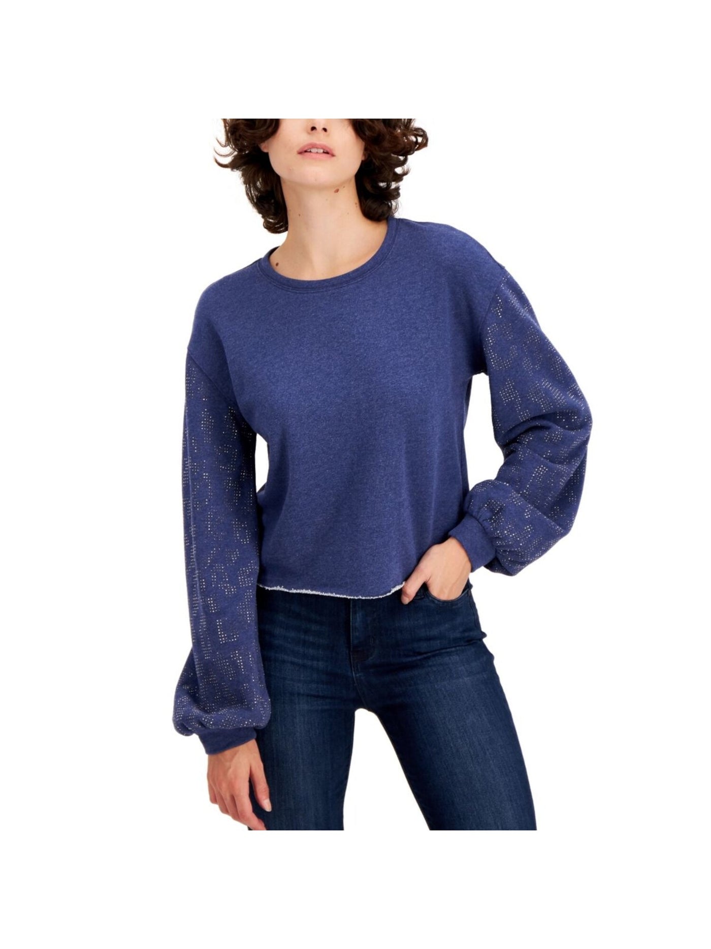 INC Womens Blue Sequined Long Sleeve Jewel Neck Sweater XS