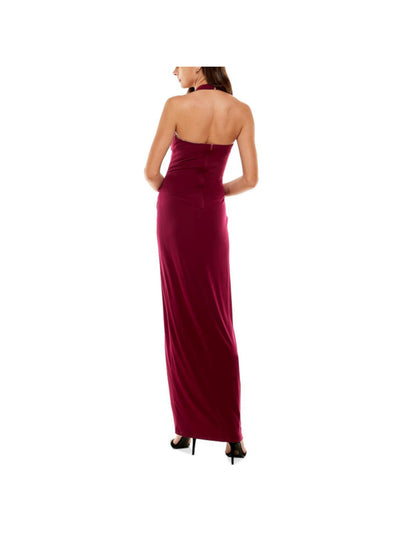 CITY STUDIO Womens Burgundy Zippered Lined Thigh-high Slit Sleeveless Halter Full-Length Gown Prom Dress 5