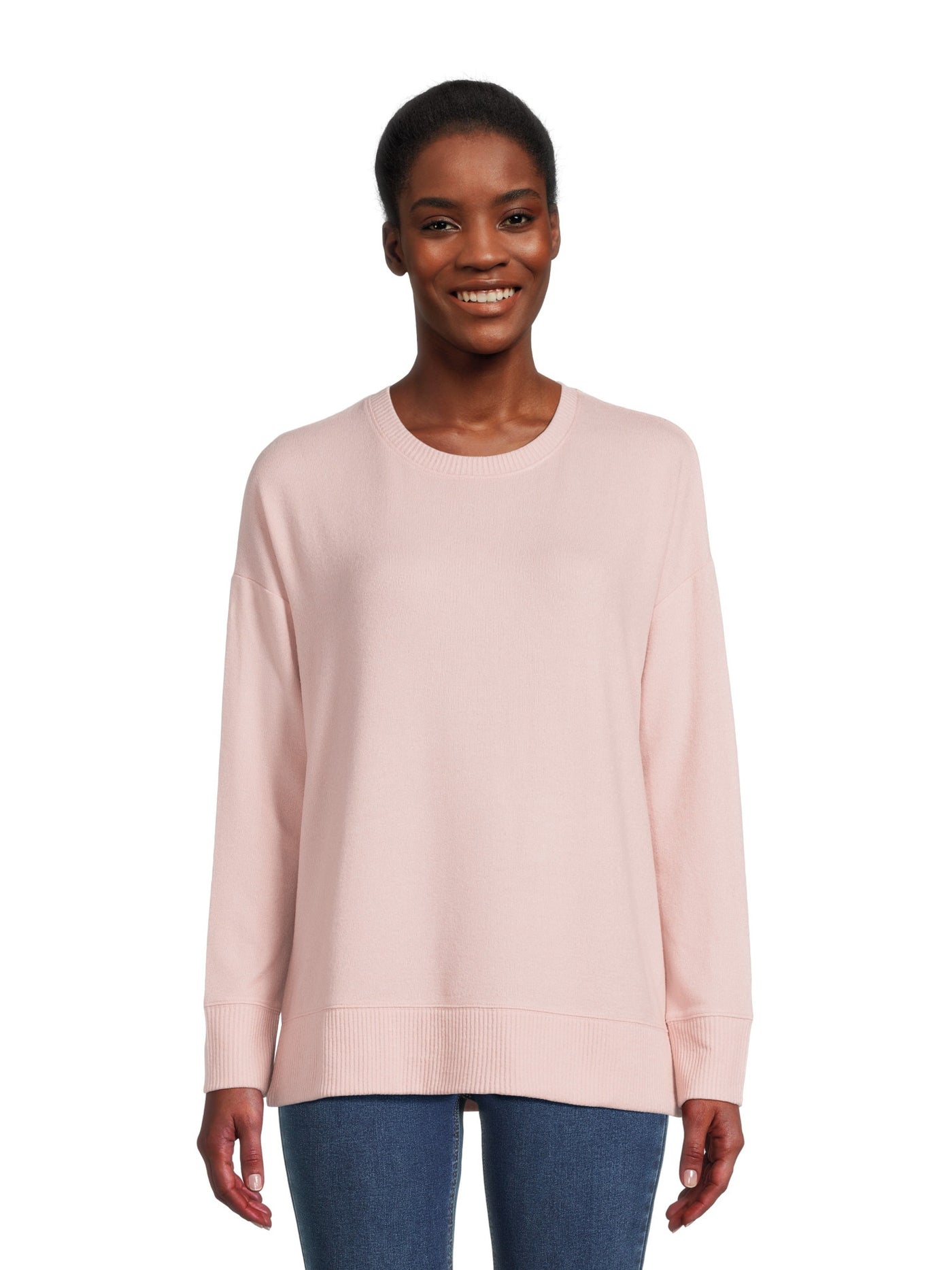 TIME AND TRUE Womens Pink Ribbed Pullover Dropped Shoulder Long Sleeve Crew Neck Sweater M