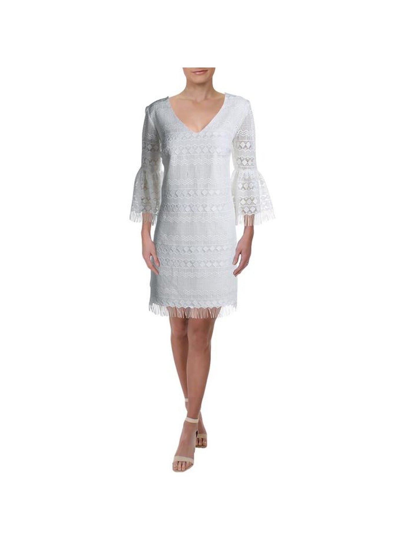 TRINA TURK Womens White Bell Sleeve V Neck Short Sheath Cocktail Dress Size: 0