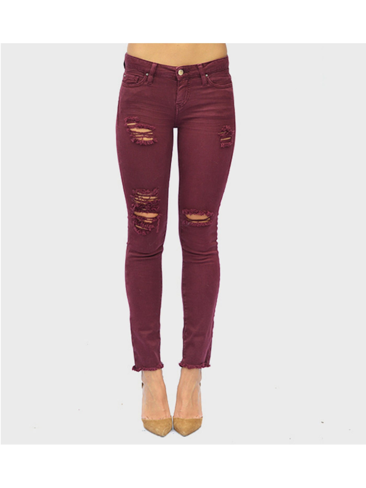 IRO.JEANS Womens Burgundy Distressed Zippered Pocketed Unfinished Hem Skinny Jeans 24