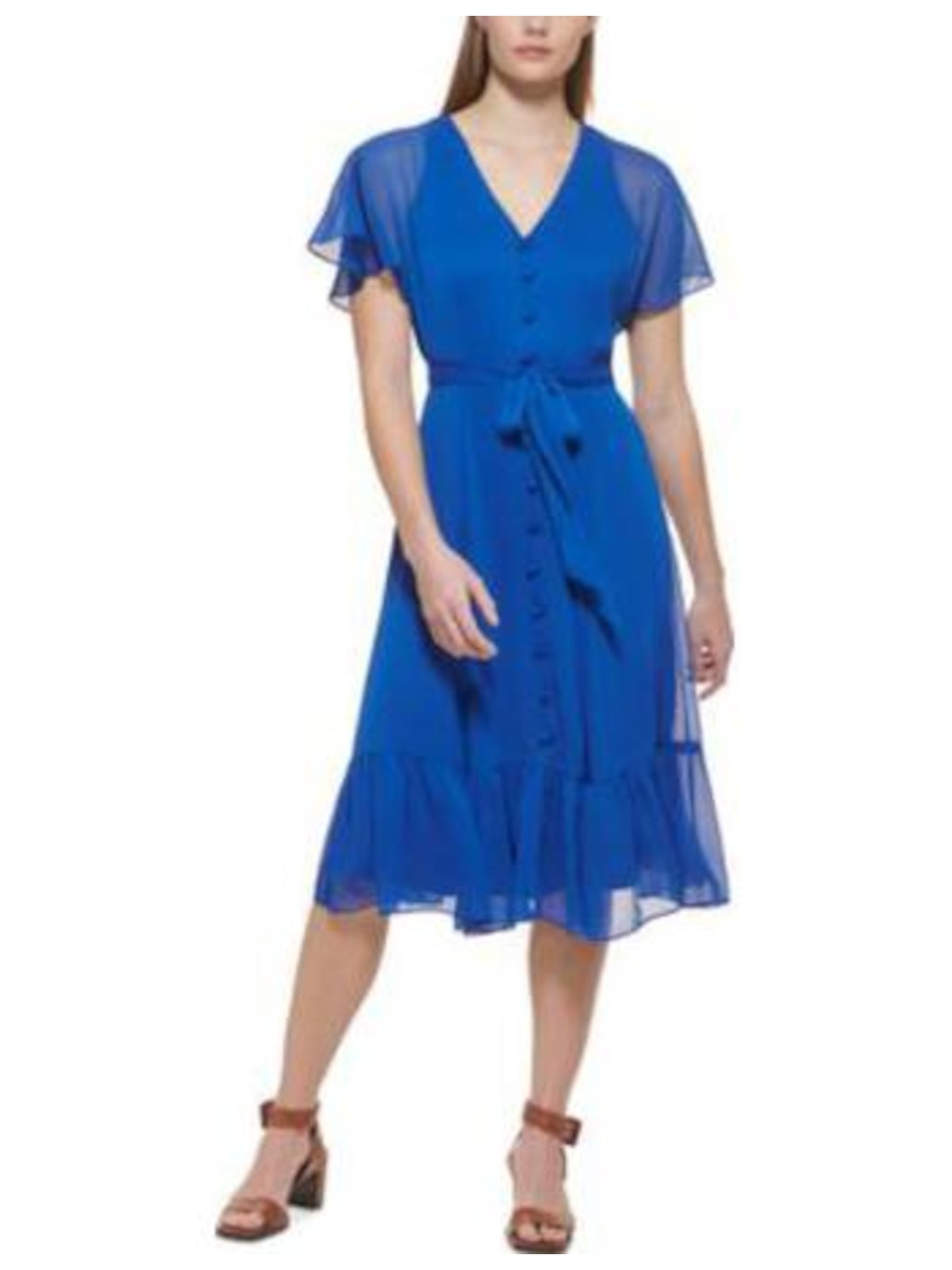 CALVIN KLEIN Womens Blue Flutter Sleeve V Neck Wear To Work Fit + Flare Dress 2