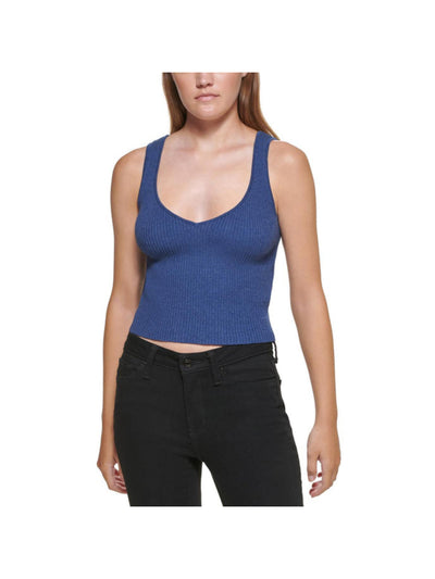 DKNY JEANS Womens Blue Ribbed Sleeveless V Neck Crop Top XXS