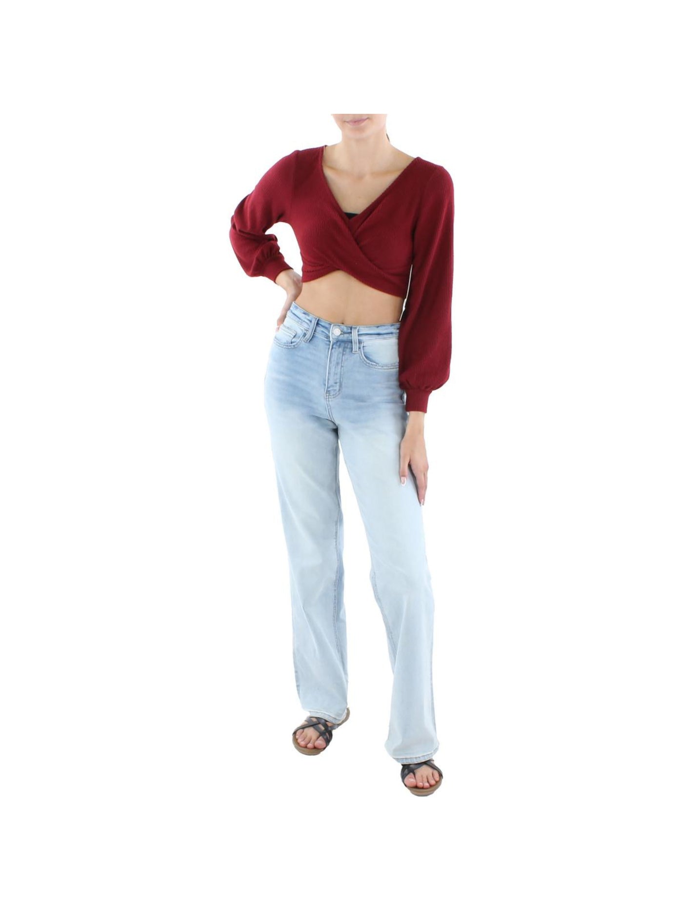 ALMOST FAMOUS Womens Red Ribbed Twist Front Sheer Balloon Sleeve V Neck Crop Top Sweater M