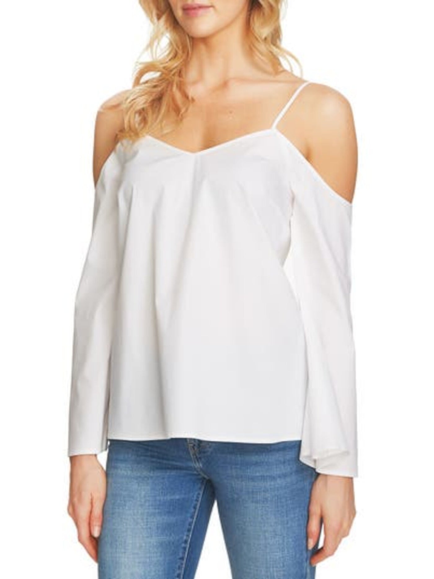 1. STATE Womens White Cold Shoulder Long Sleeve V Neck Top L