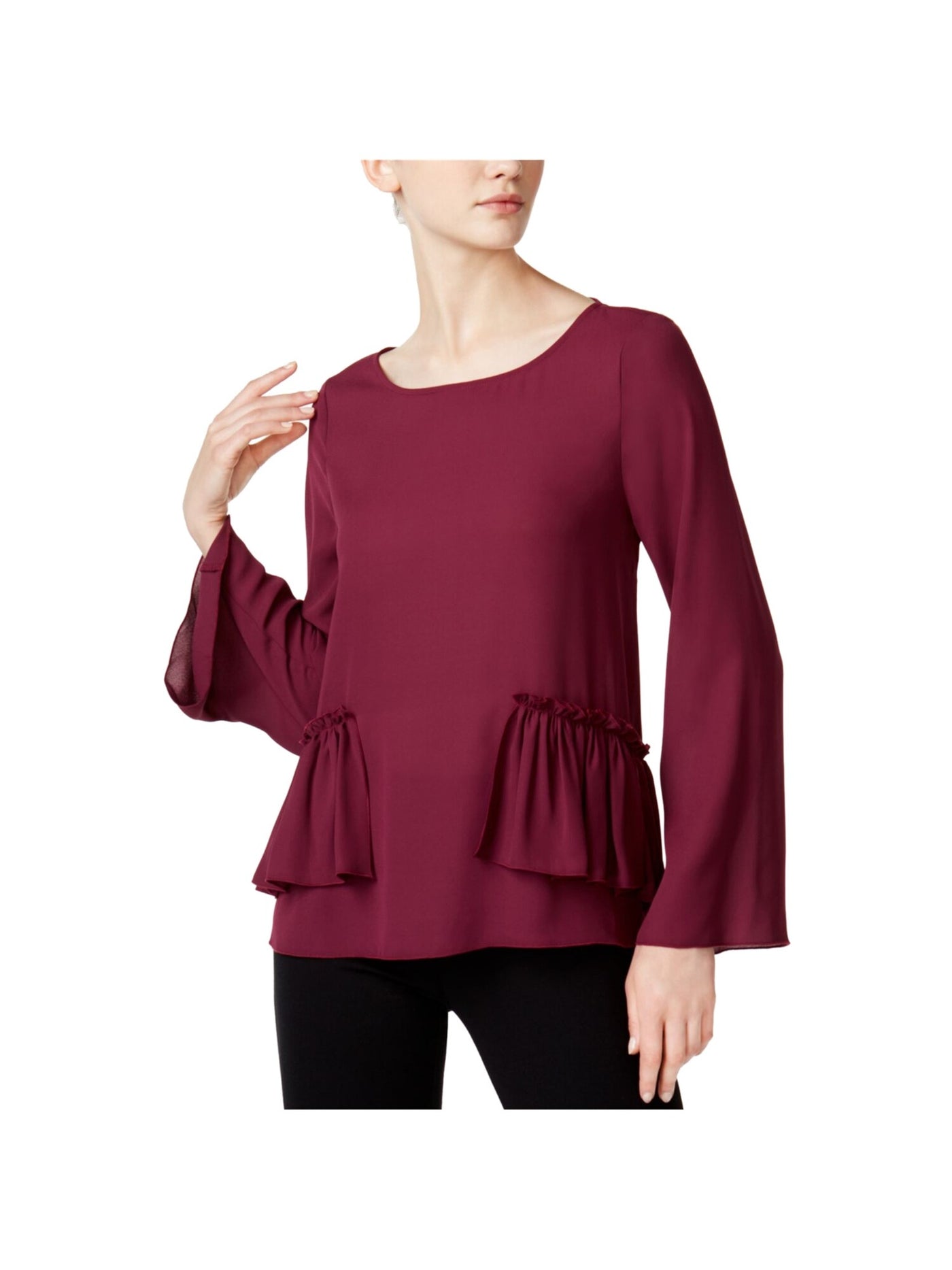 MAISON JULES Womens Maroon Ruffled Bell Sleeve Jewel Neck Tunic Top XS