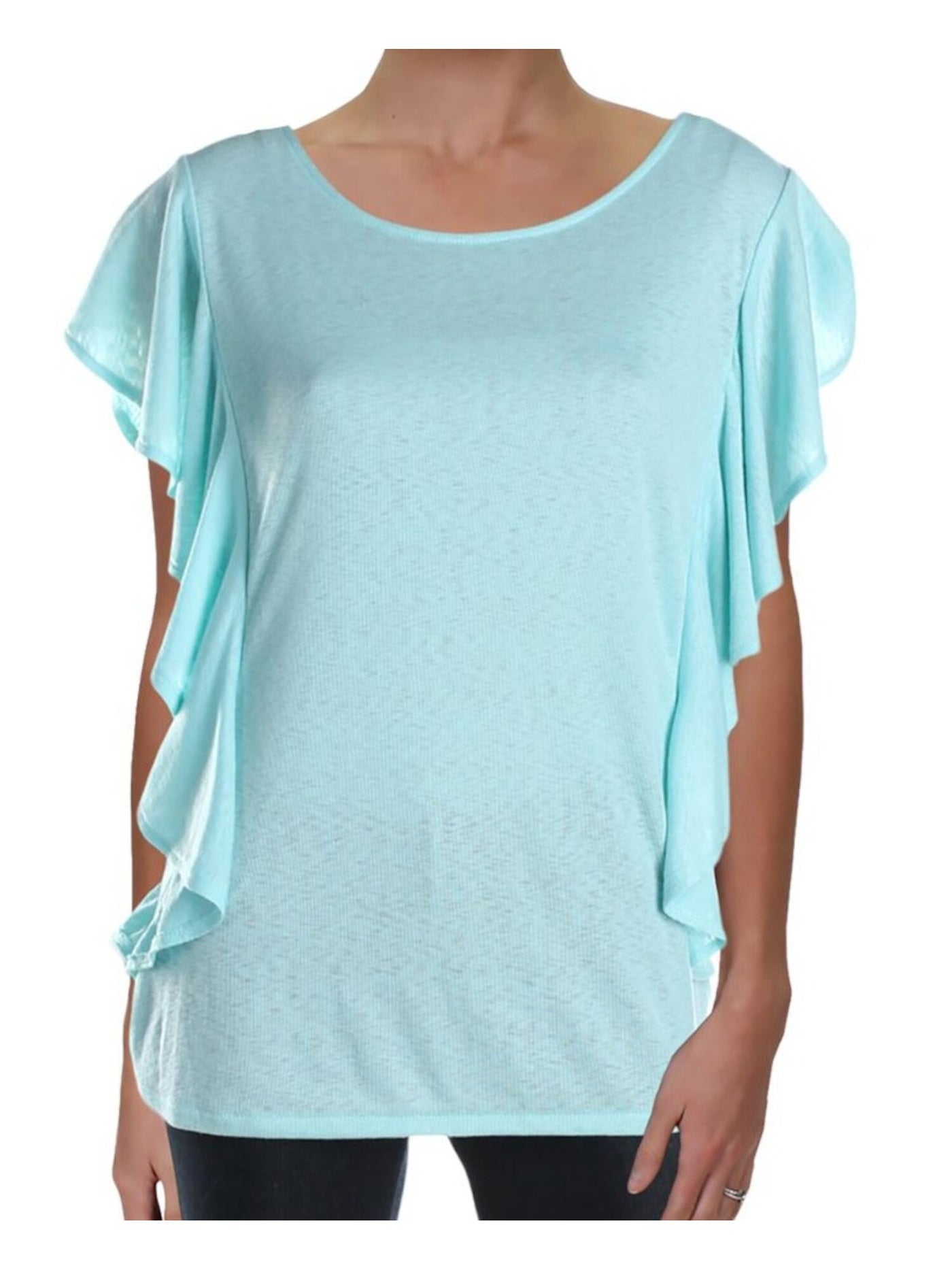 RACHEL ROY Womens Light Blue Ruffled Short Sleeve Jewel Neck Top XL