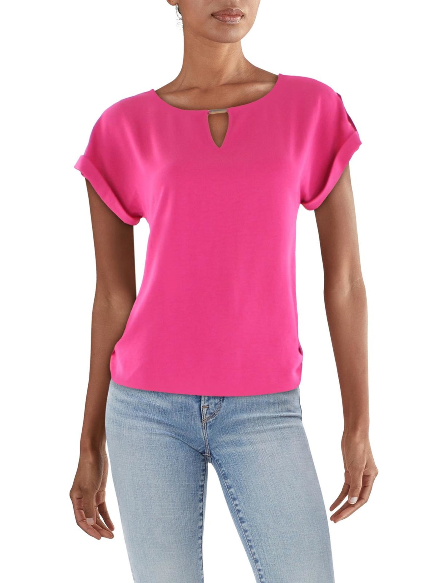 CALVIN KLEIN Womens Pink Short Sleeve Keyhole Top XS