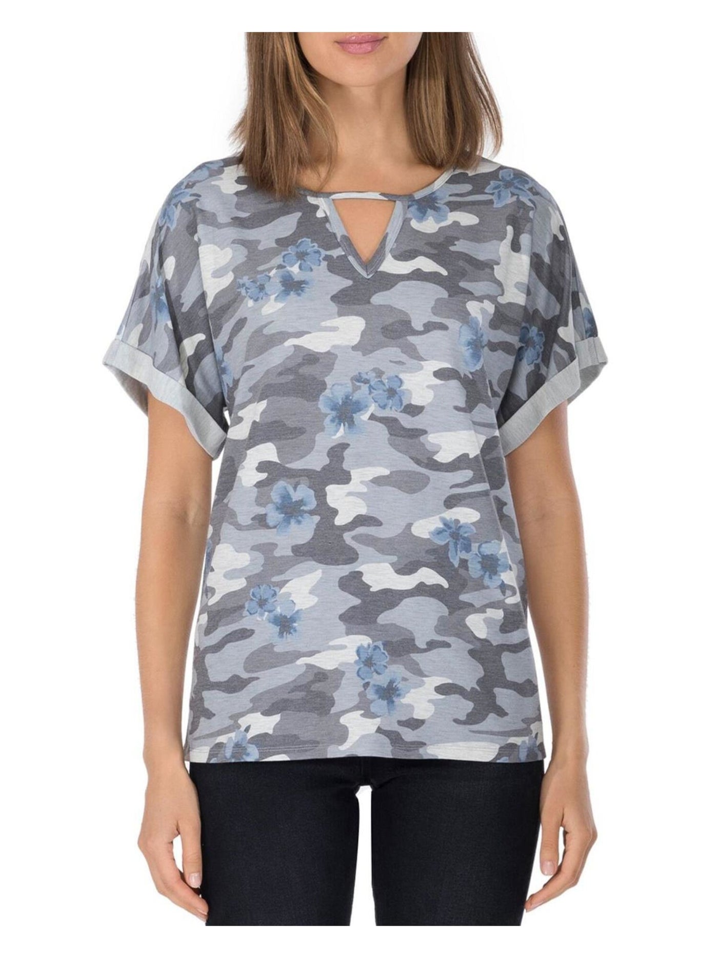 COLLECTION BY BOBEAU Womens Cuffed Dolman Sleeve Keyhole Neckline Top