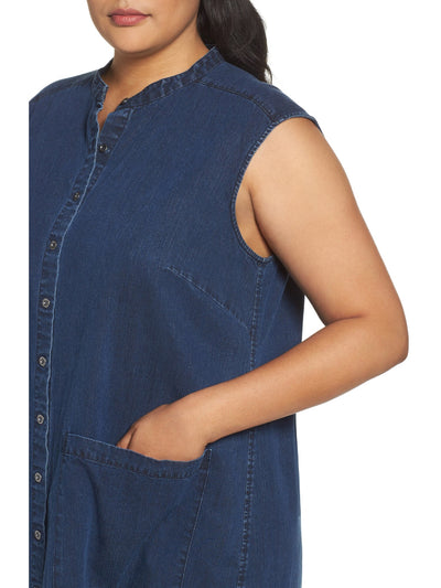 EILEEN FISHER Womens Navy Denim Pocketed Slitted Curved Hem Unlined Sleeveless Mandarin Collar Knee Length Wear To Work Shirt Dress