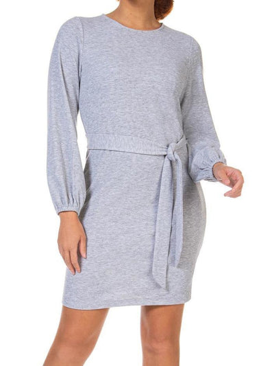 BLACK TAPE Womens Gray Stretch Ribbed Tie Balloon Sleeve Round Neck Above The Knee Party Shift Dress M