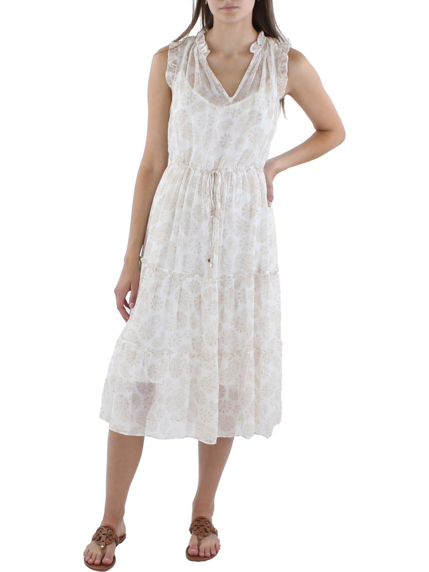 TOMMY HILFIGER Womens Ivory Ruffled Lined Layered Cap Sleeve V Neck Below The Knee Shift Dress 2