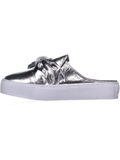 REBECCA MINKOFF Womens Silver Distressed Metallic Cushioned Footbed Bow Accent Goring Neva Round Toe Platform Slip On Leather Mules 10 M