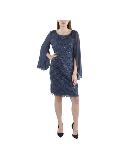 CONNECTED APPAREL Womens Gray Scalloped Lined Split Cape Sleeve Pullover Embel Round Neck Above The Knee Party Sheath Dress 4
