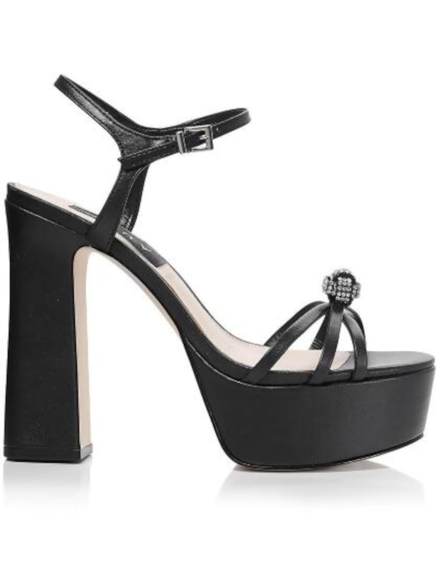 AQUA Womens Black Padded Embellished Ankle Strap Round Toe Block Heel Buckle Leather Heeled Sandal 10