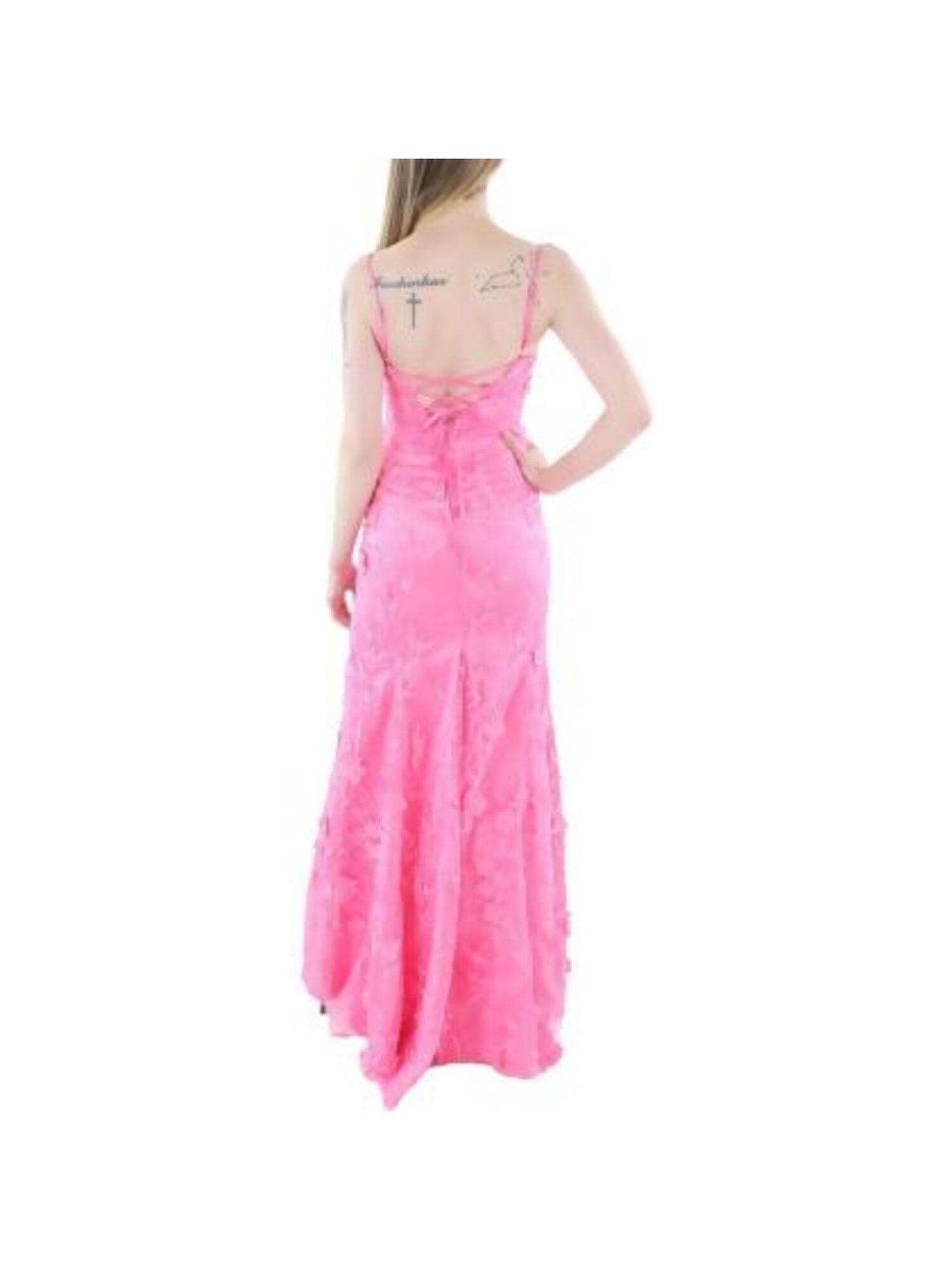 DEAR MOON Womens Pink Zippered Slitted Lace-up Back Lined Spaghetti Strap Scoop Neck Full-Length Evening Gown Dress 7