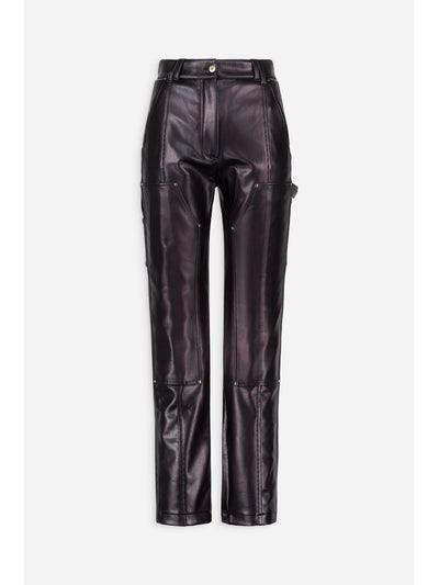 ATLEIN Womens Black Faux Leather Pocketed Zippered Button Belt Loops Side Leg Pocke Straight leg Pants 36