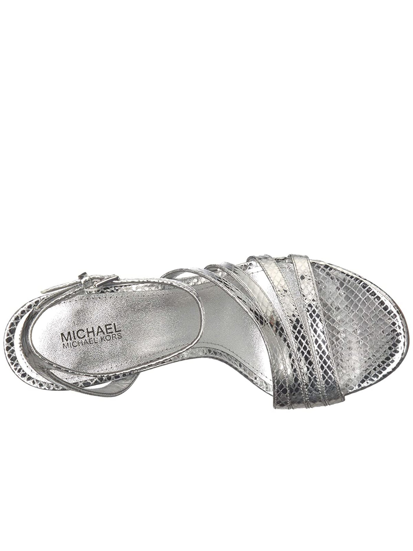 MICHAEL KORS Womens Silver Snake Print Strappy Cushioned Kimmy Round Toe Cone Heel Buckle Leather Dress Sandals Shoes 7