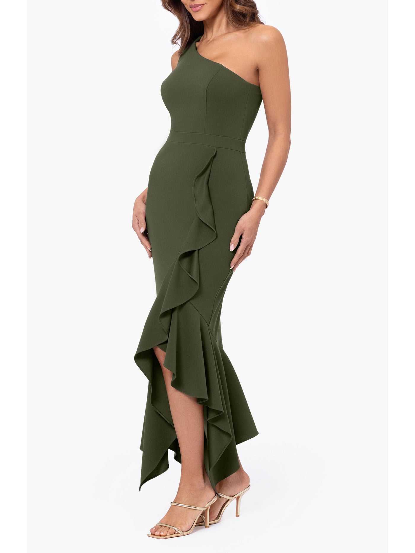 XSCAPE Womens Green Zippered Ruffled Hi-lo Hem Sleeveless Asymmetrical Neckline Maxi Evening Body Con Dress 8